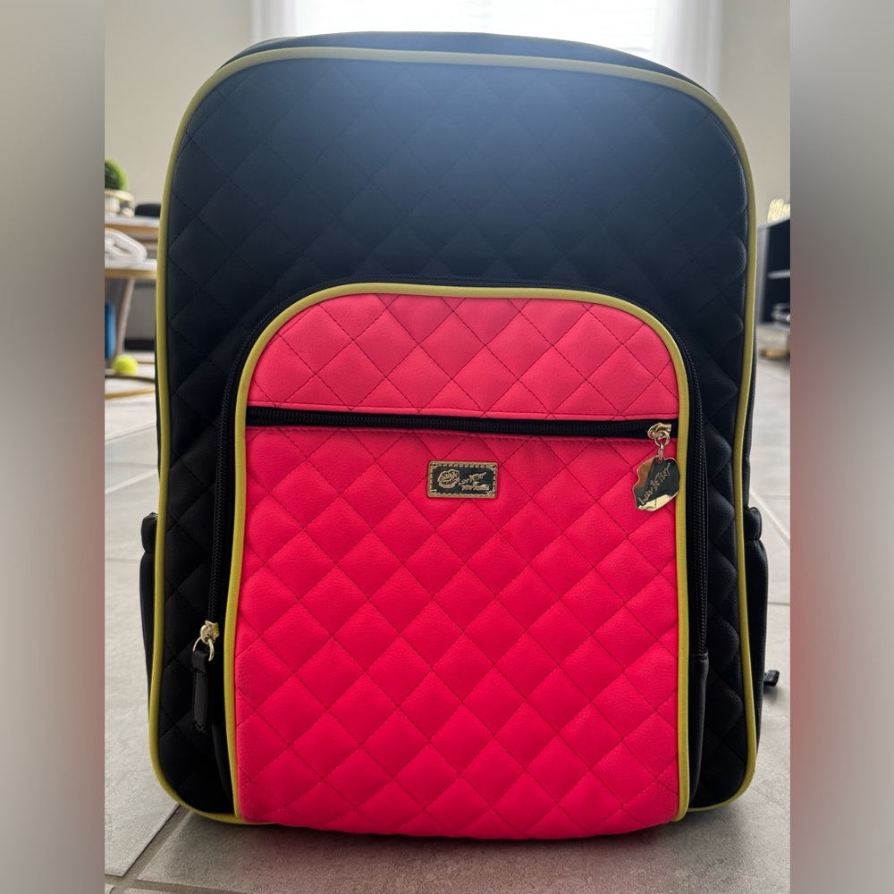 Betsey Johnson Black and Pink Quilted Backpack with Lime Accents
